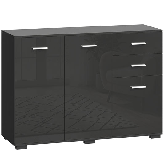 Photo of HOMCOM Sideboard, Modern Storage Cabinet with 2 Drawers, 3 Doors and Adjustable Shelves, High Gloss Black in Black colour on a white background