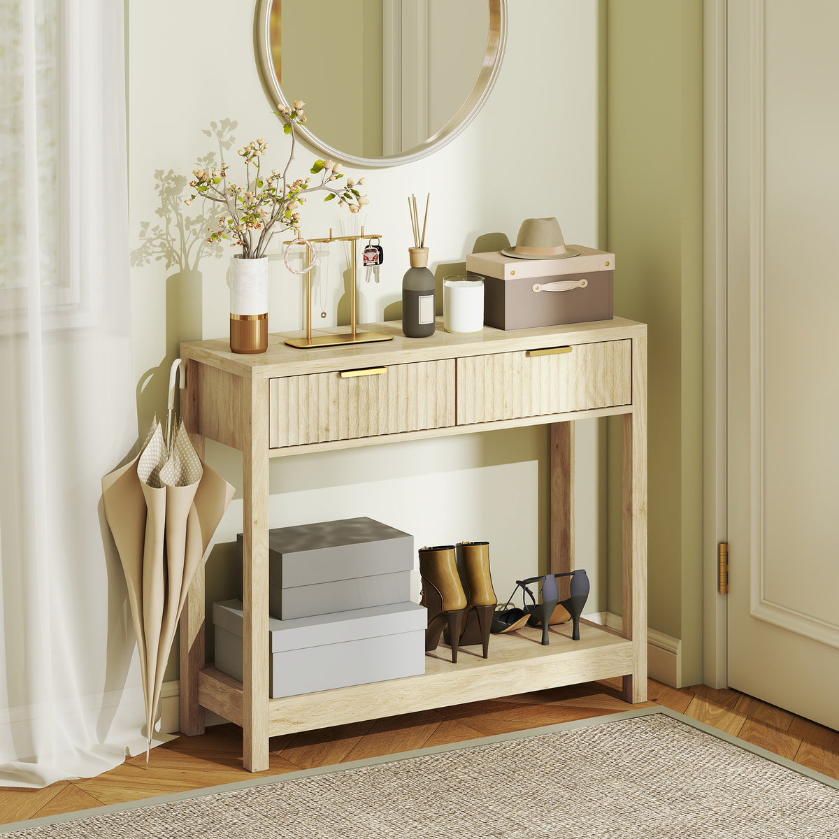 HOMCOM Modern Console Table with Fluted Panel Drawers, Narrow Hallway Table with Shelf for Entryway, Living Room, 90 x 30 x 76 cm, Natural Wood Finish