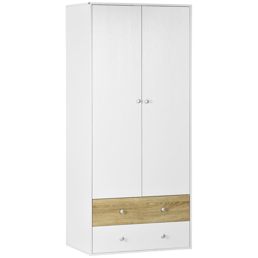 Photo of HOMCOM 2-Door Wardrobe with 2 Drawers, Hanging Rod and Anti-tipping Straps for Bedroom Clothes Storage Organisation, White in White colour on a white background