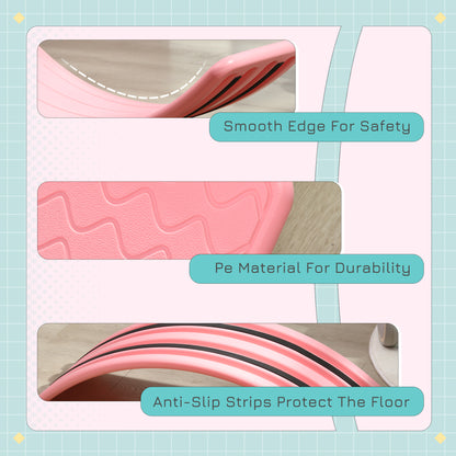 Pink balance board details show smooth edges, textured PE material, and black anti-slip strips.