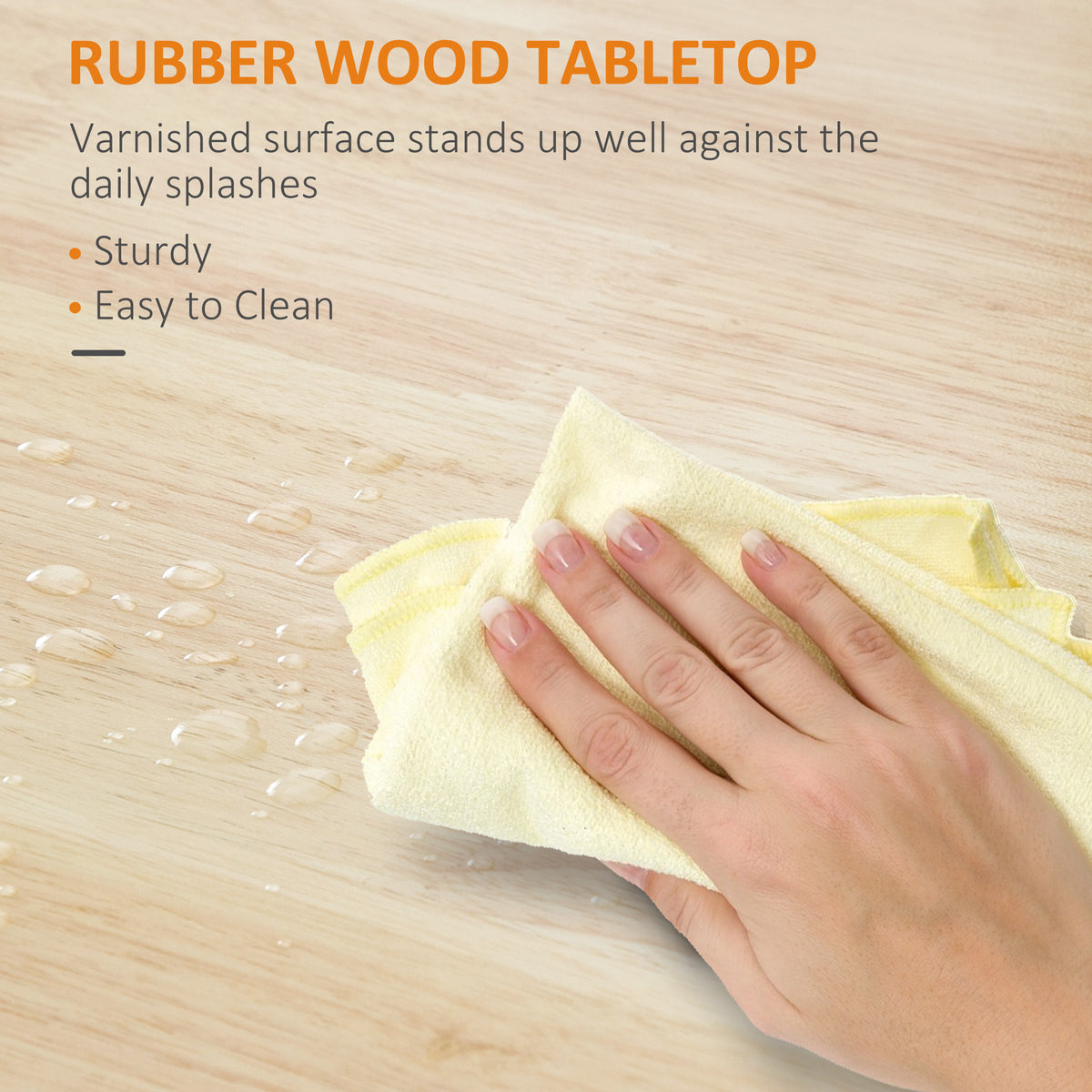 Rubber wood trolley tabletop with a varnished surface being wiped clean