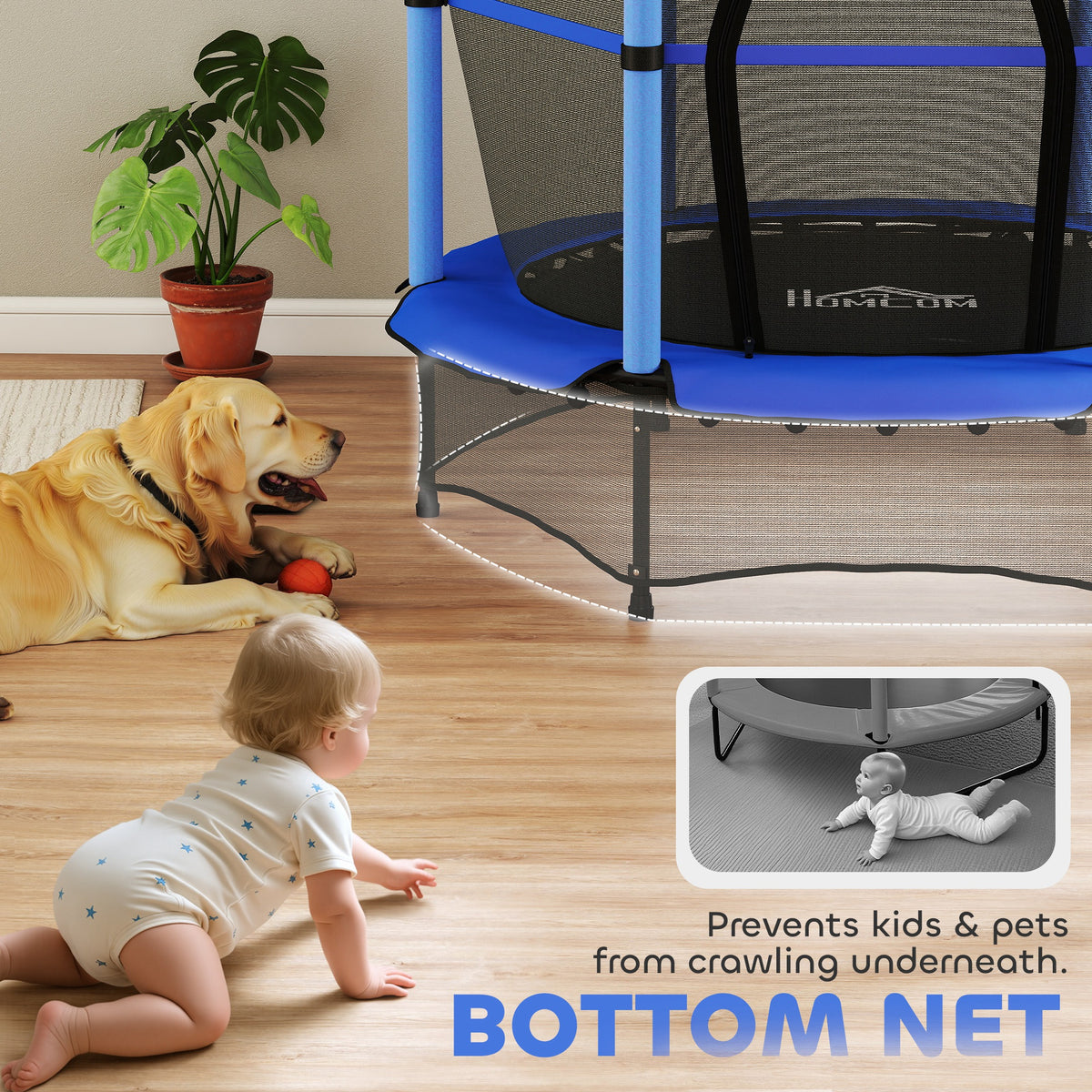 Blue trampoline with mesh bottom net to block access underneath