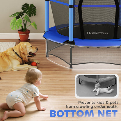 Blue trampoline with mesh bottom net to block access underneath