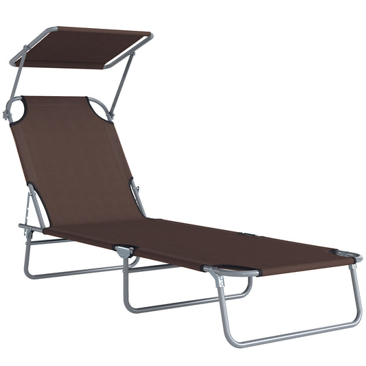 Photo of Outsunny Folding Sun Lounger with Canopy, Reclining Sunbed with 4-Position Adjustable Backrest, 600D Oxford Cloth, Portable Garden Lounger Recliner Chair for Beach, Camping, Patio, Brown in Brown colour on a white background