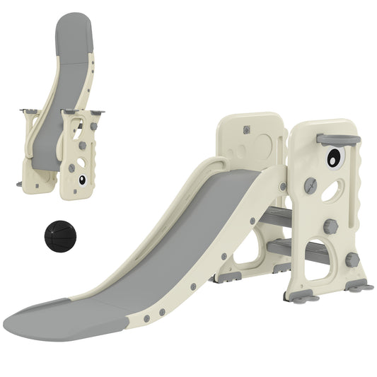 Photo of AIYAPLAY 3 in 1 Kids Slide with Climber, Basketball Hoop and Ball, Foldable Indoor Toddler Slide for Ages 2-5, Cream White in White colour on a white background