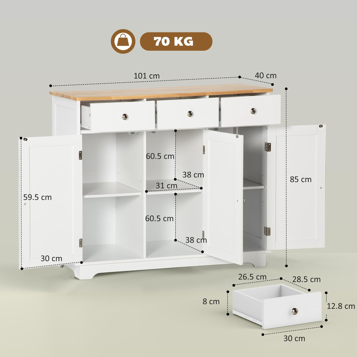 Sideboard with open doors and drawers showing adjustable shelves and storage compartments.