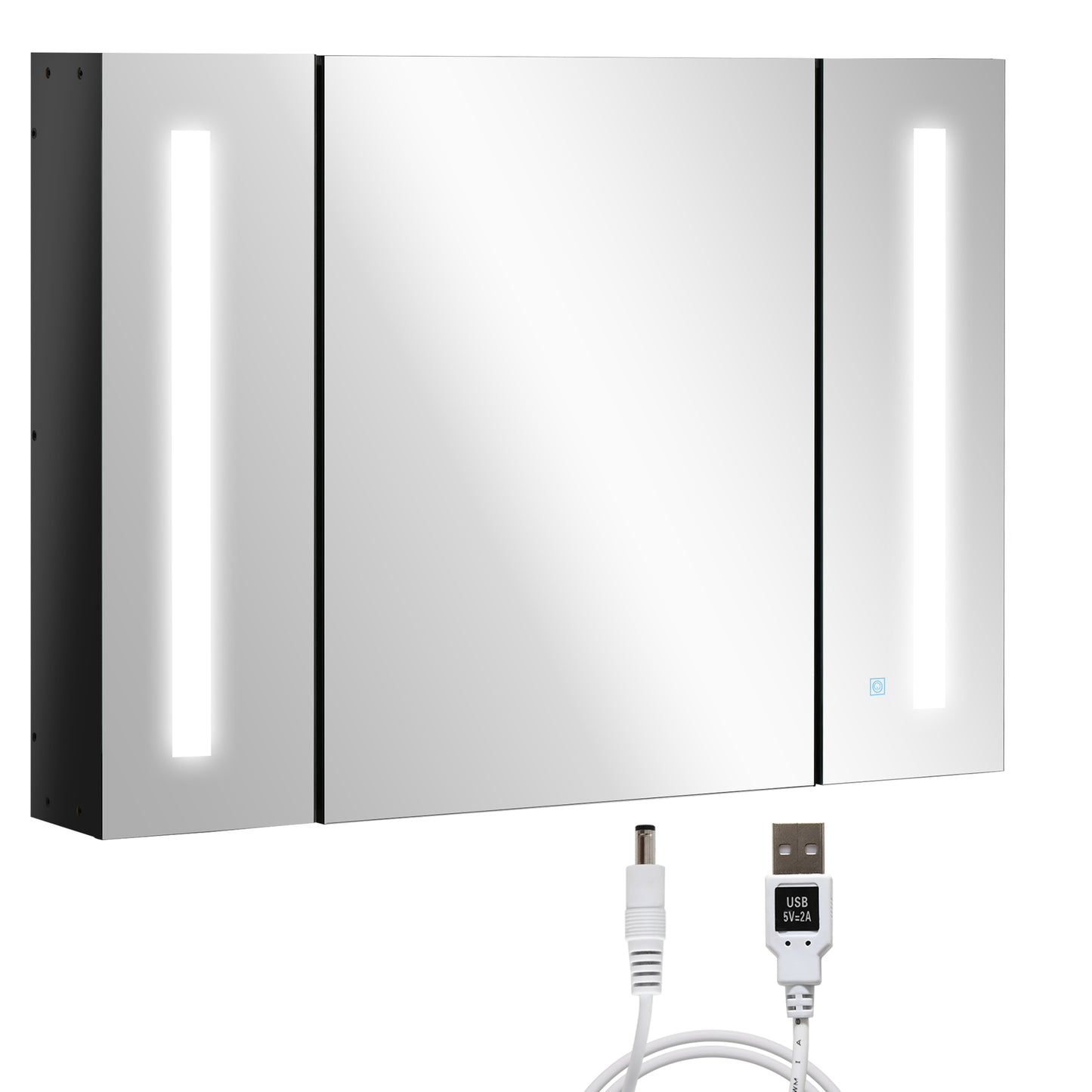 Photo of kleankin LED Bathroom Cabinet with Mirror, Wall Mounted Dimmable Brightness Storage Organiser with 3 Mirrored Doors and Adjustable Shelves, Memory Function, USB Charge, High Gloss Black in Black colour on a white background