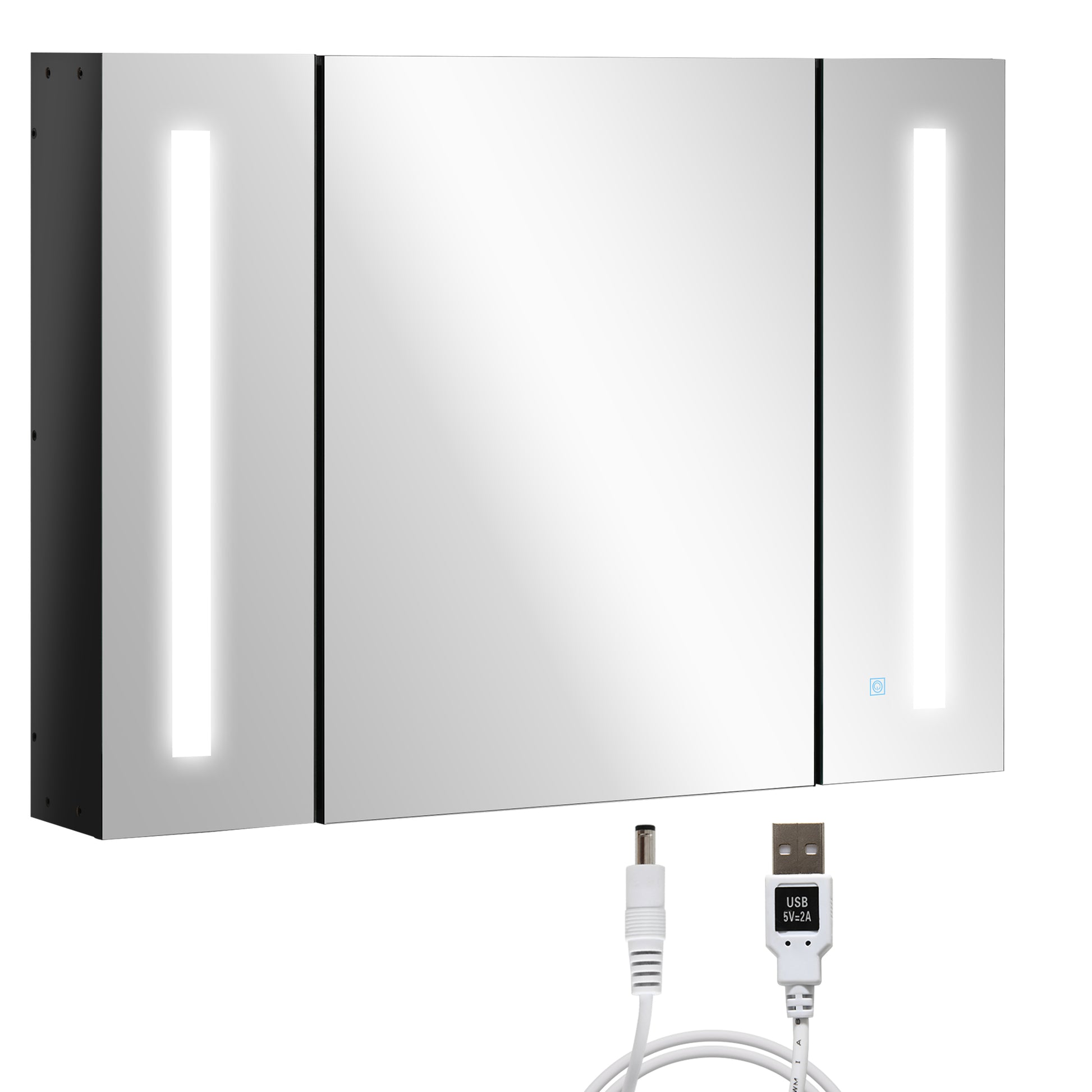 Photo of kleankin LED Bathroom Cabinet with Mirror, Wall Mounted Dimmable Brightness Storage Organiser with 3 Mirrored Doors and Adjustable Shelves, Memory Function, USB Charge, High Gloss Black in Black colour on a white background
