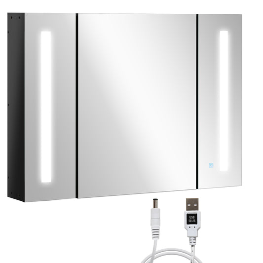Photo of kleankin LED Bathroom Cabinet with Mirror, Wall Mounted Dimmable Brightness Storage Organiser with 3 Mirrored Doors and Adjustable Shelves, Memory Function, USB Charge, High Gloss Black in Black colour on a white background