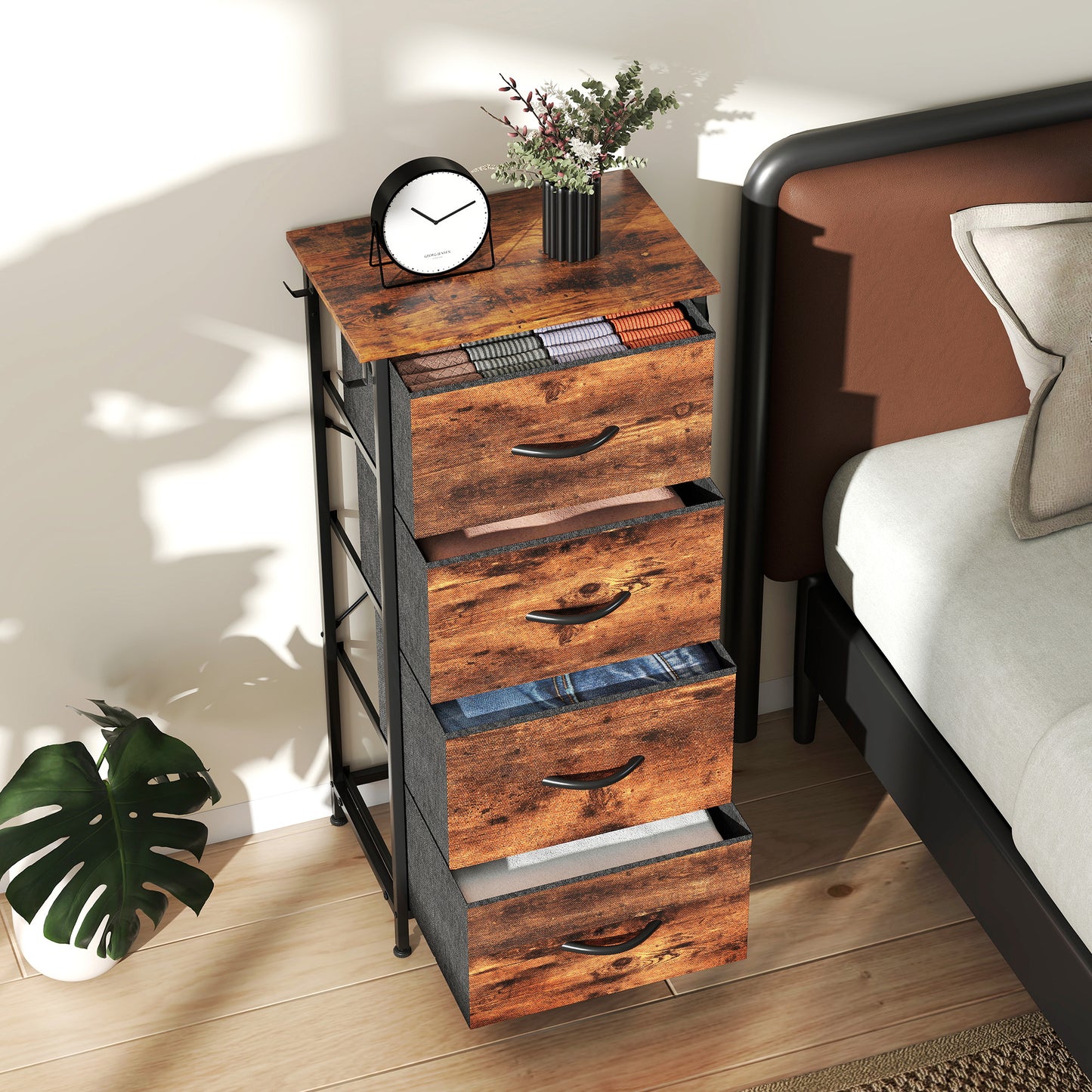 HOMCOM Chest of Four Fabric Drawers - Rustic Brown