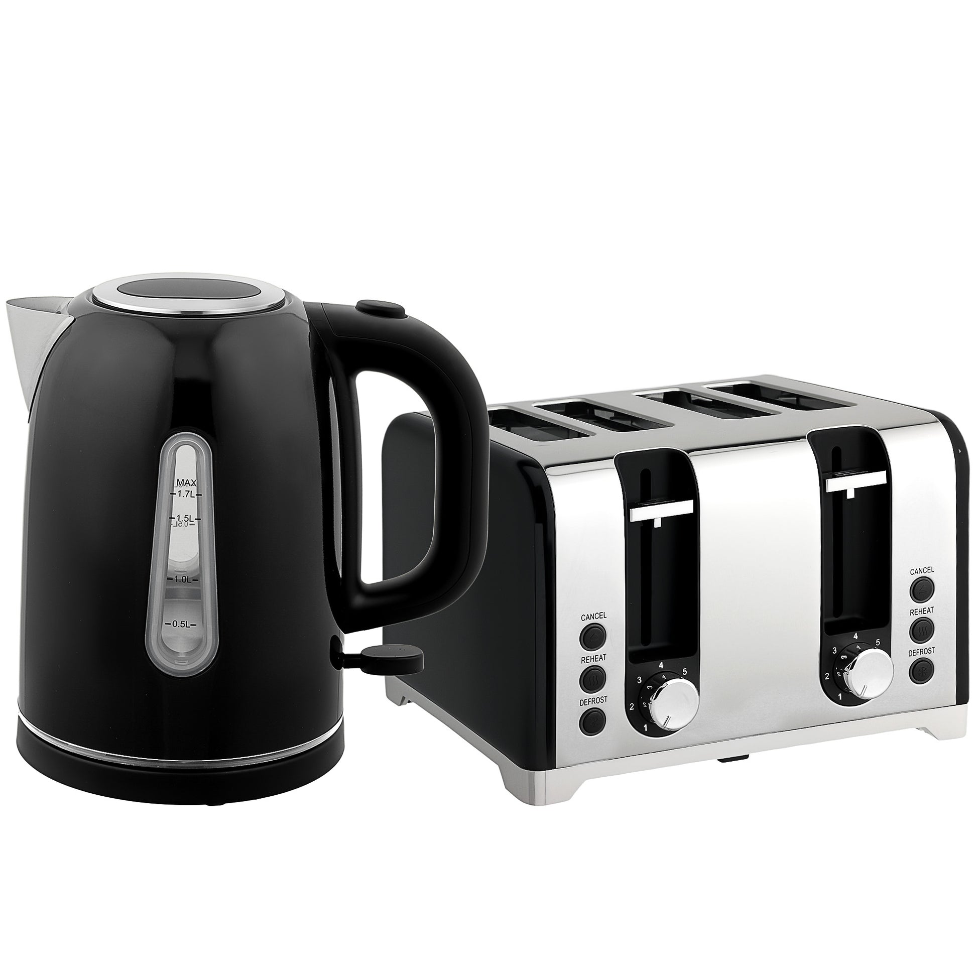 Photo of HOMCOM Kettle and Toaster Set, 1.7L 3000W Rapid Boil Jug Kettle with Otter Thermostat, Limescale Filter, 4 Slice Toaster with 7 Browning Controls, Crumb Tray, LED Strip, Black in Black colour on a white background