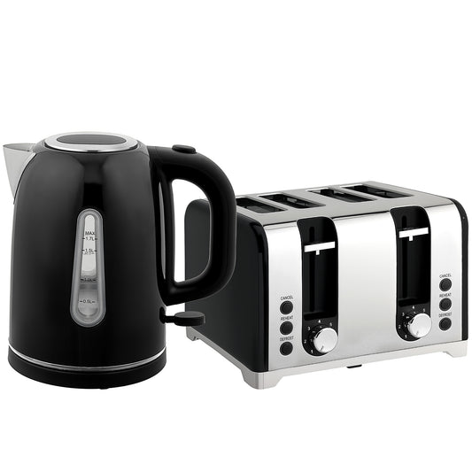 Photo of HOMCOM Kettle and Toaster Set, 1.7L 3000W Rapid Boil Jug Kettle with Otter Thermostat, Limescale Filter, 4 Slice Toaster with 7 Browning Controls, Crumb Tray, LED Strip, Black in Black colour on a white background