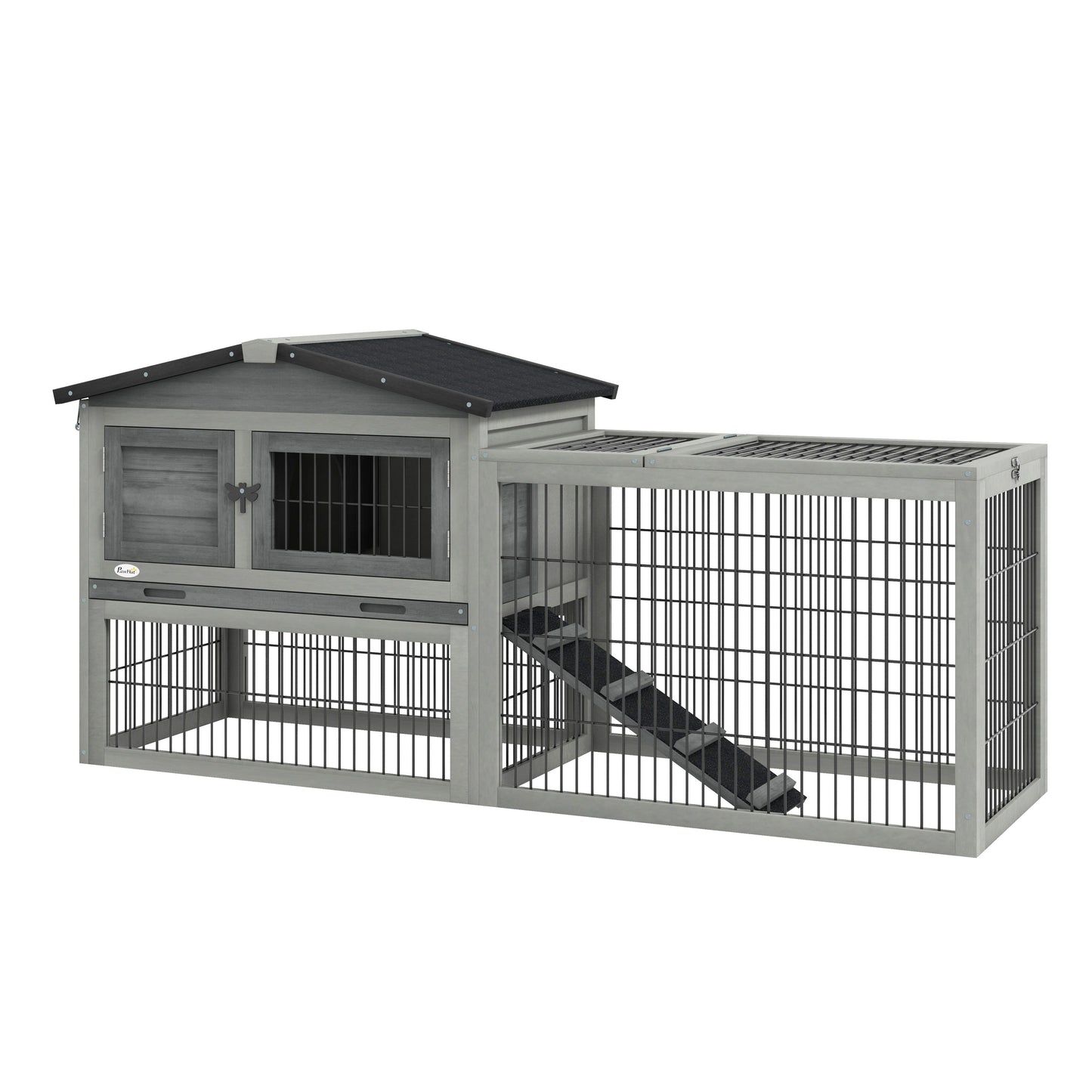 Photo of PawHut Wooden Rabbit Hutch with Outdoor Run Grey in Grey colour on a white background