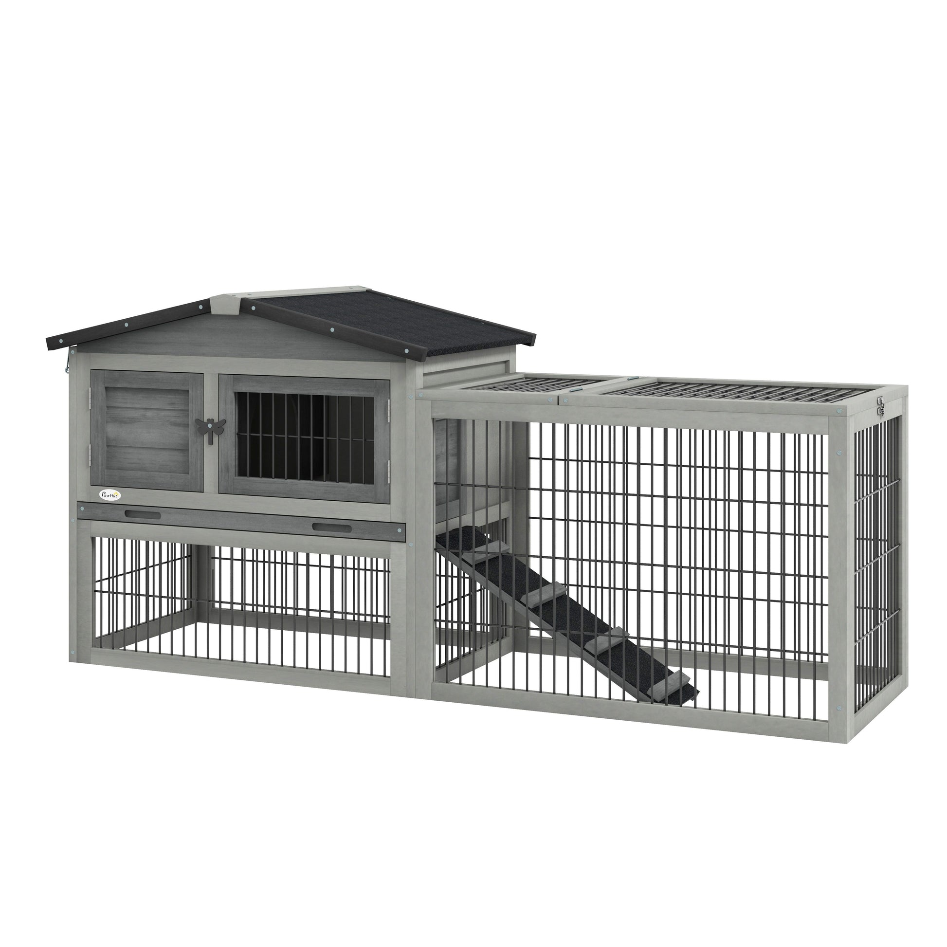 Photo of PawHut Wooden Rabbit Hutch with Outdoor Run Grey in Grey colour on a white background