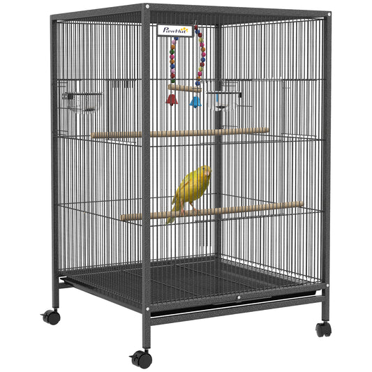 Photo of PawHut Bird Cage, Budgie Cage, with Rolling Stand, for Small Birds - Grey in Grey colour on a white background