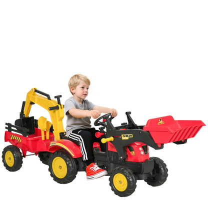 Child riding a red and black ride-on excavator tractor with bucket and trailer