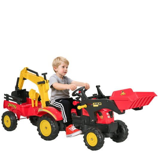 Child riding a red and black ride-on excavator tractor with bucket and trailer