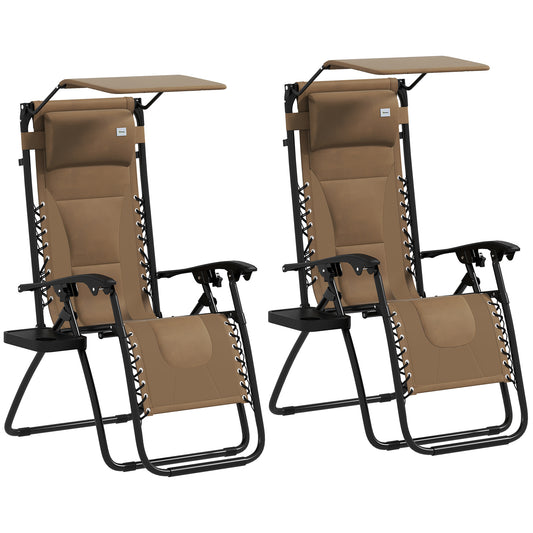 Photo of Outsunny Zero Gravity Lounger Chair Set of 2, Folding Reclining Patio Chair with Shade Cover, Cup Holder, Soft Cushion and Headrest for Poolside, Camping, Coffee in Coffee colour on a white background