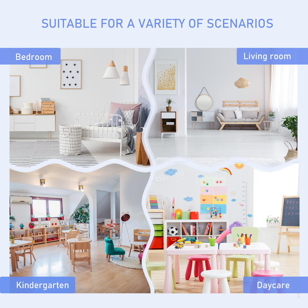 Kids' table and chair set shown in bedroom, living room, kindergarten, and daycare settings