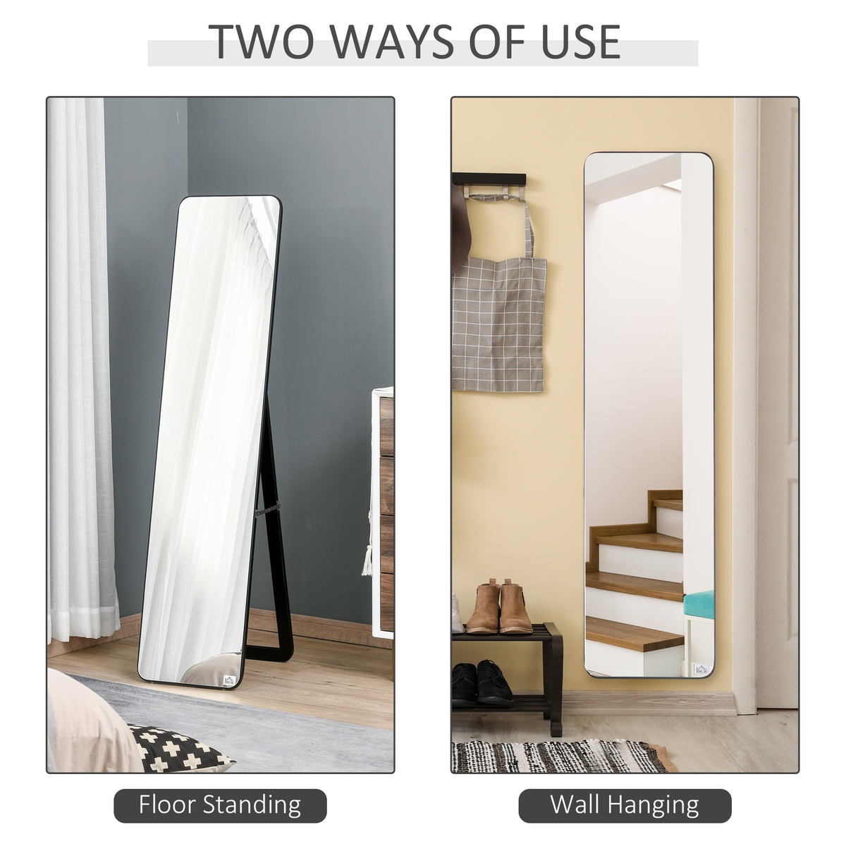 HOMCOM Full Length Mirror, 156 x 37 cm Rectangular Full Body Mirror with Stand, Floor Standing, Hanging or Leaning Against Wall for Bedroom Cloakroom, Black