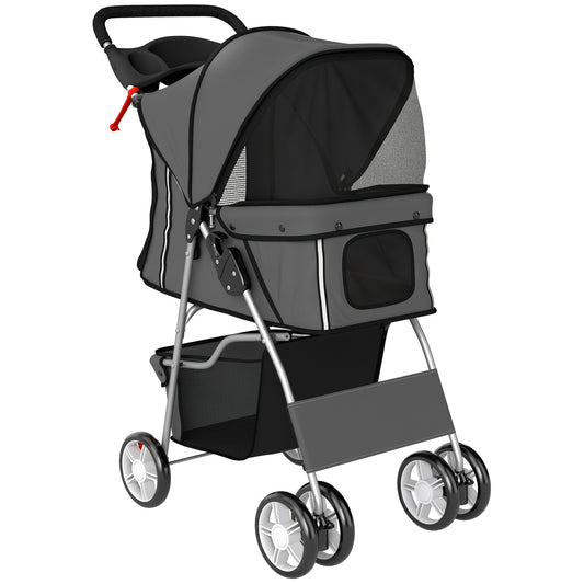 Photo of PawHut Dog Pram, Pet Stroller with Reflective Strips, Foldable Cat Stroller with 360° Swivel Wheels, Dark Grey in Grey colour on a white background