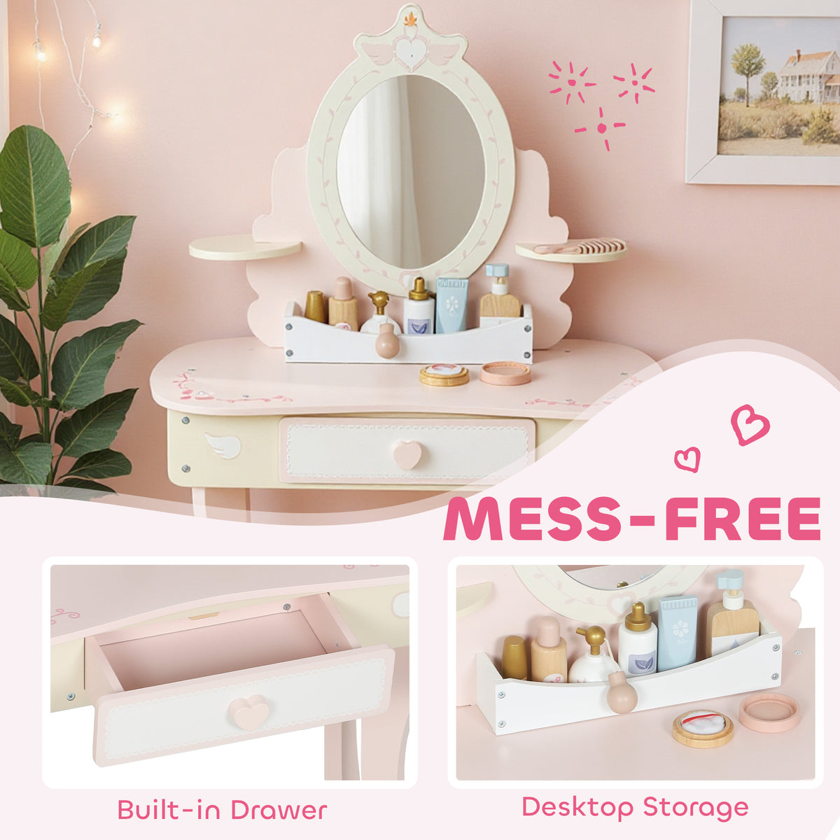 AIYAPLAY Kids Dressing Table, Girls Vanity Set with Mirror and Stool, 7 Play Accessories, Drawer, Desktop Storage, Pink