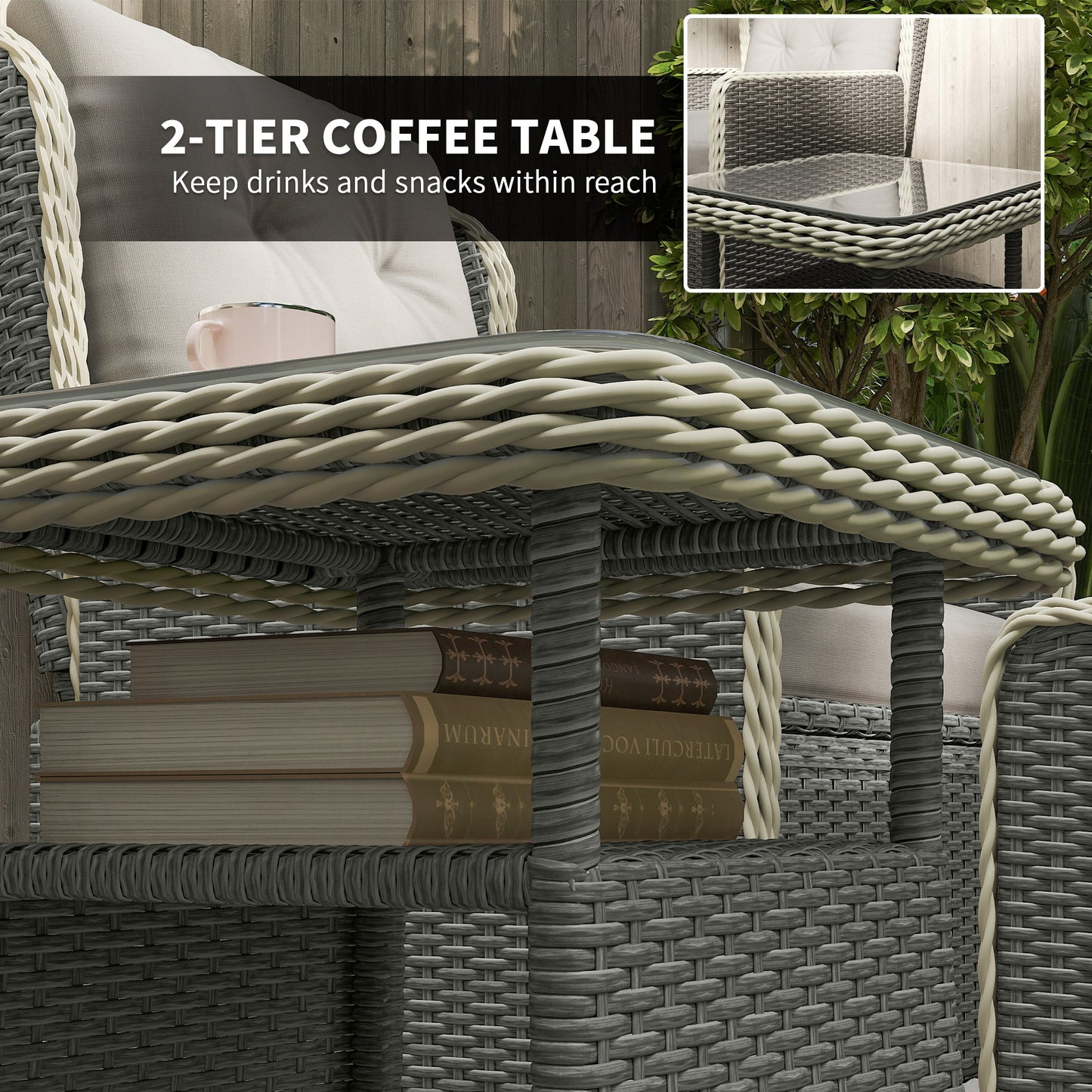 Outsunny Five-Piece Reclining Rattan Chair Set - Charcoal Grey