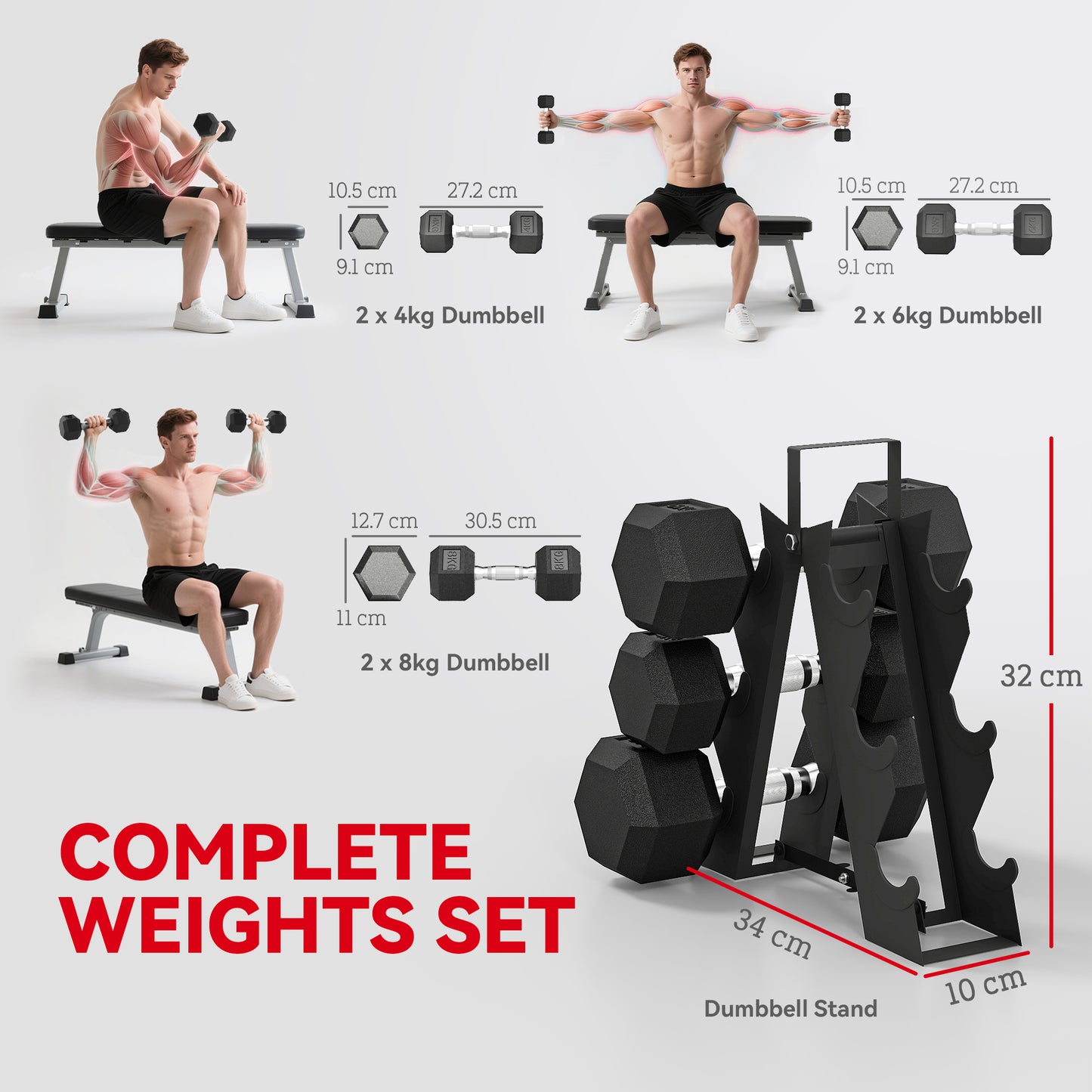 SPORTNOW Hex Dumbbell Set with Weights Storage Rack, Rubber Coated Dumbbells, Non-Slip Chrome Handles, Space-Saving for Home Gym Weight Lifting Strength Training, 2 x 4kg, 2 x 6kg, 2 x 8kg