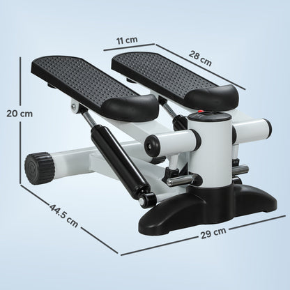 White mini stepper with black pedals and dimensions labeled