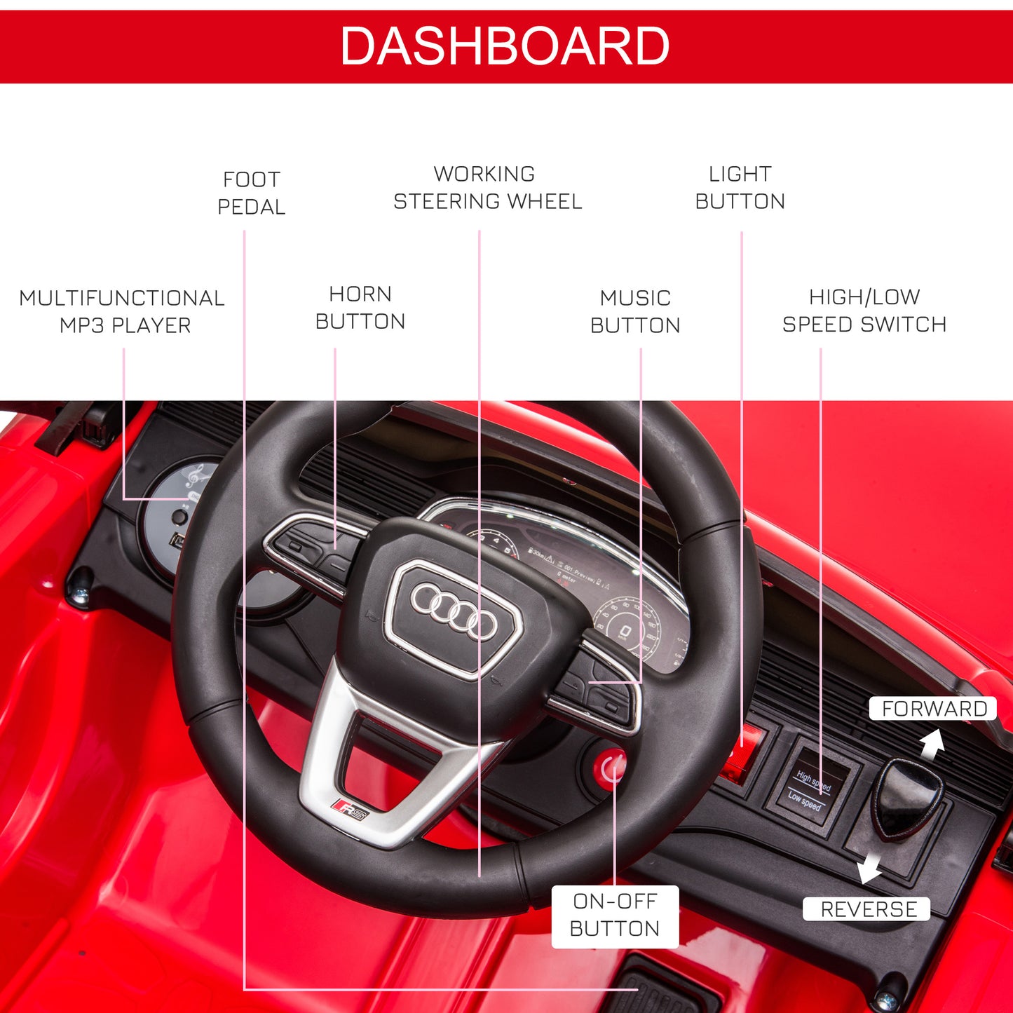 HOMCOM Audi RS Q8 Licensed Electric Car for Kids, 6V Kids' Electric Ride on with Remote Control, 7Ah Big Battery, Lights Bluetooth, Music USB, for 3-5 Years Old, Red