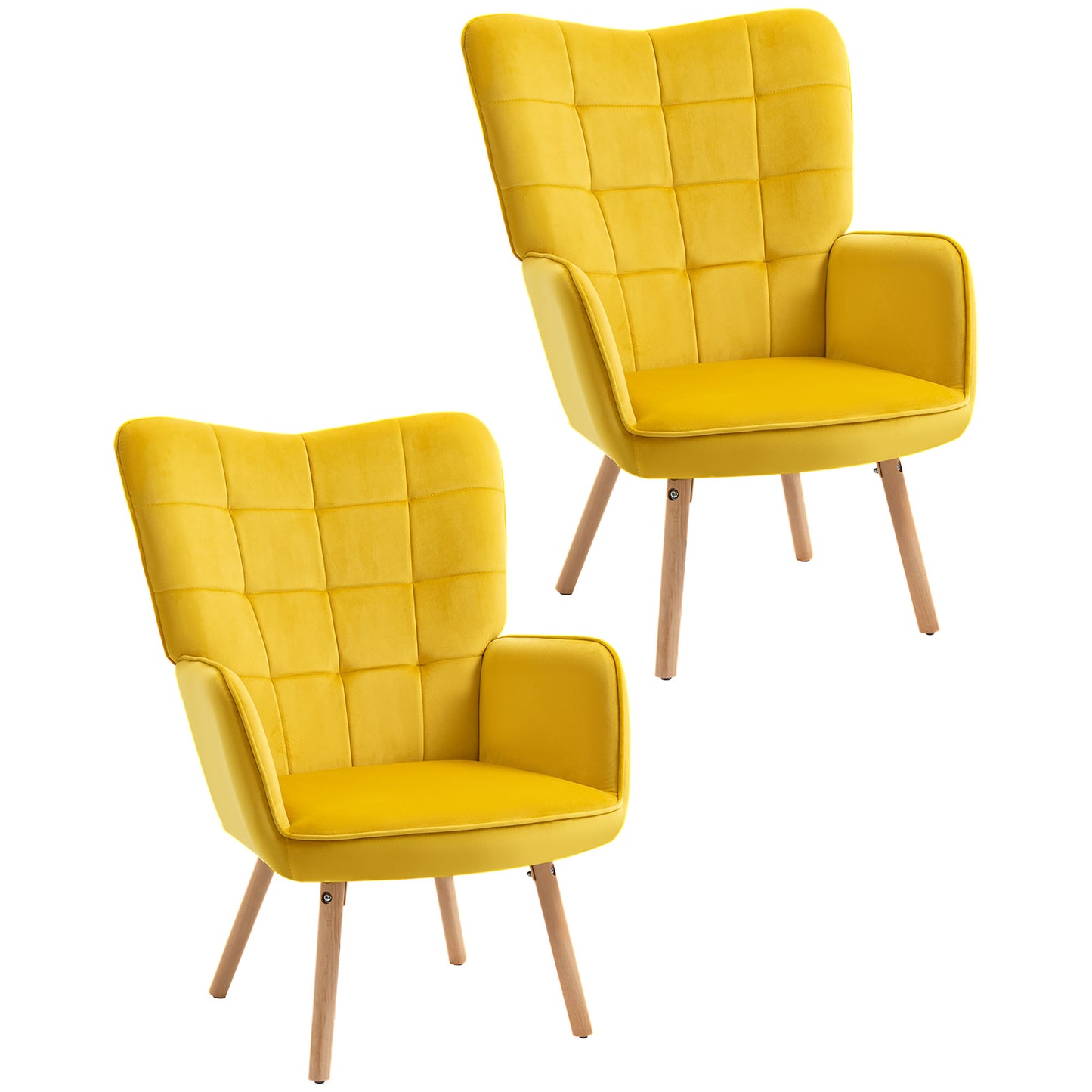 Photo of HOMCOM Modern Accent Chair Velvet-Touch Tufted Wingback Armchair Upholstered Leisure Lounge Sofa Club Chair with Wood Legs, Set of 2, Yellow in Yellow colour on a white background