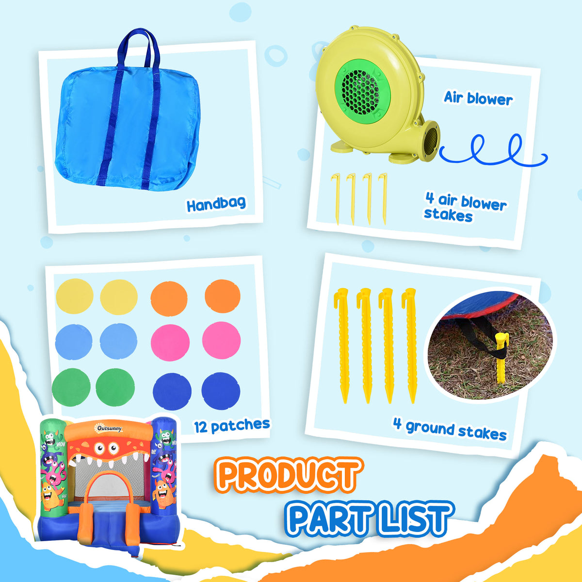 Bounce house accessory set with carry bag, air blower, repair patches, and ground stakes