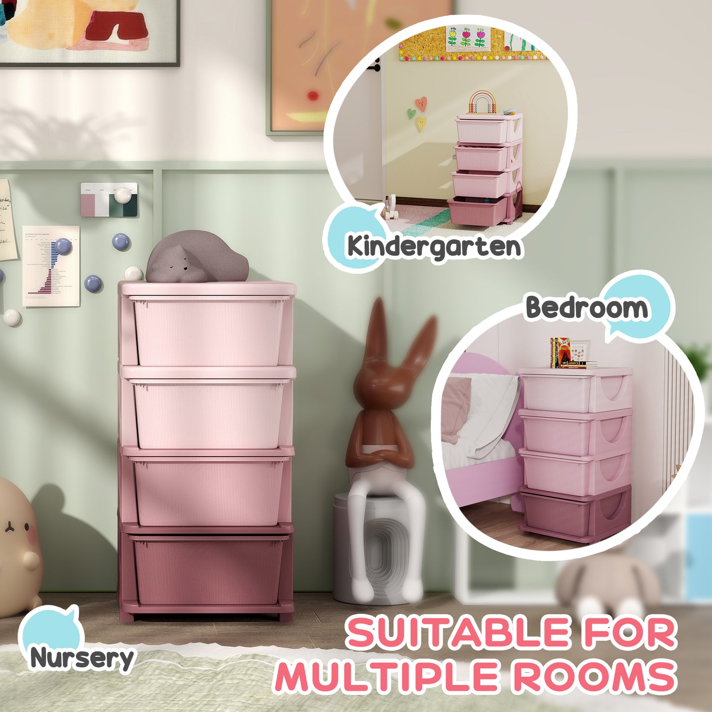 HOMCOM Four-Tier Kids Storage Boxes, with Four Drawers, Pink