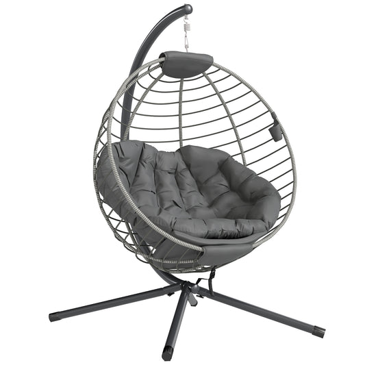 Photo of Outsunny PE Rattan Swing Chair, Outdoor Hanging Chair with Metal Stand, Thick Padded Cushion, Foldable Basket and Cup Holder, for Indoor and Outdoor, Grey in Grey colour on a white background