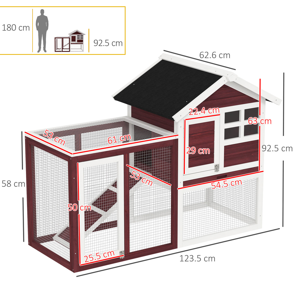 Wooden rabbit hutch with wire-mesh run, shown with dimensions