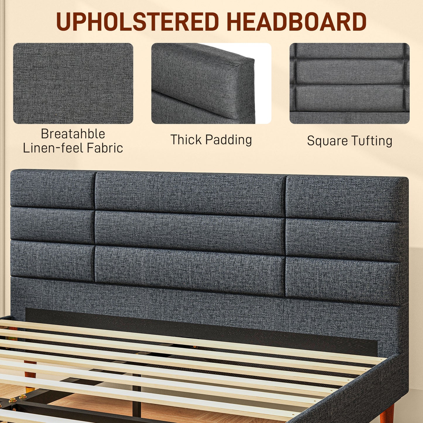 HOMCOM Upholstered King Bed Frame 154W x 206D x 87Hcm with Slats - Grey