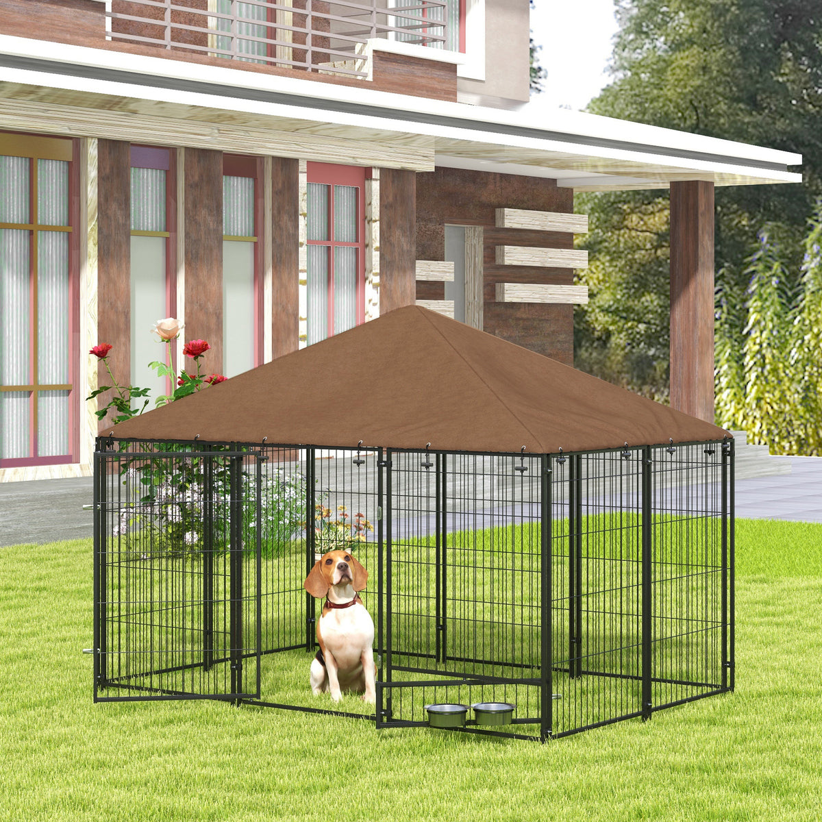 PawHut Large Dog Kennel Outdoor Dog Play Pen with Canopy Rotating Bowl for Large Dogs, Brown