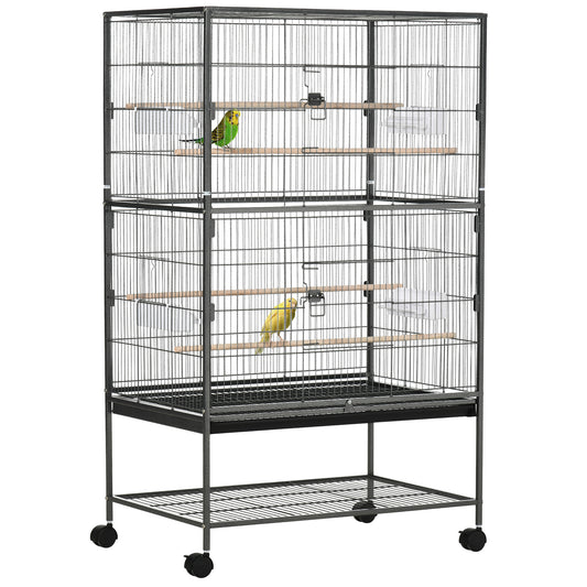 Photo of PawHut Large Bird Cage Budgie Cage for Finch Canaries Parakeet with Rolling Stand, Slide-out Tray, Storage Shelf, Food Containers, Dark Grey in Grey colour on a white background