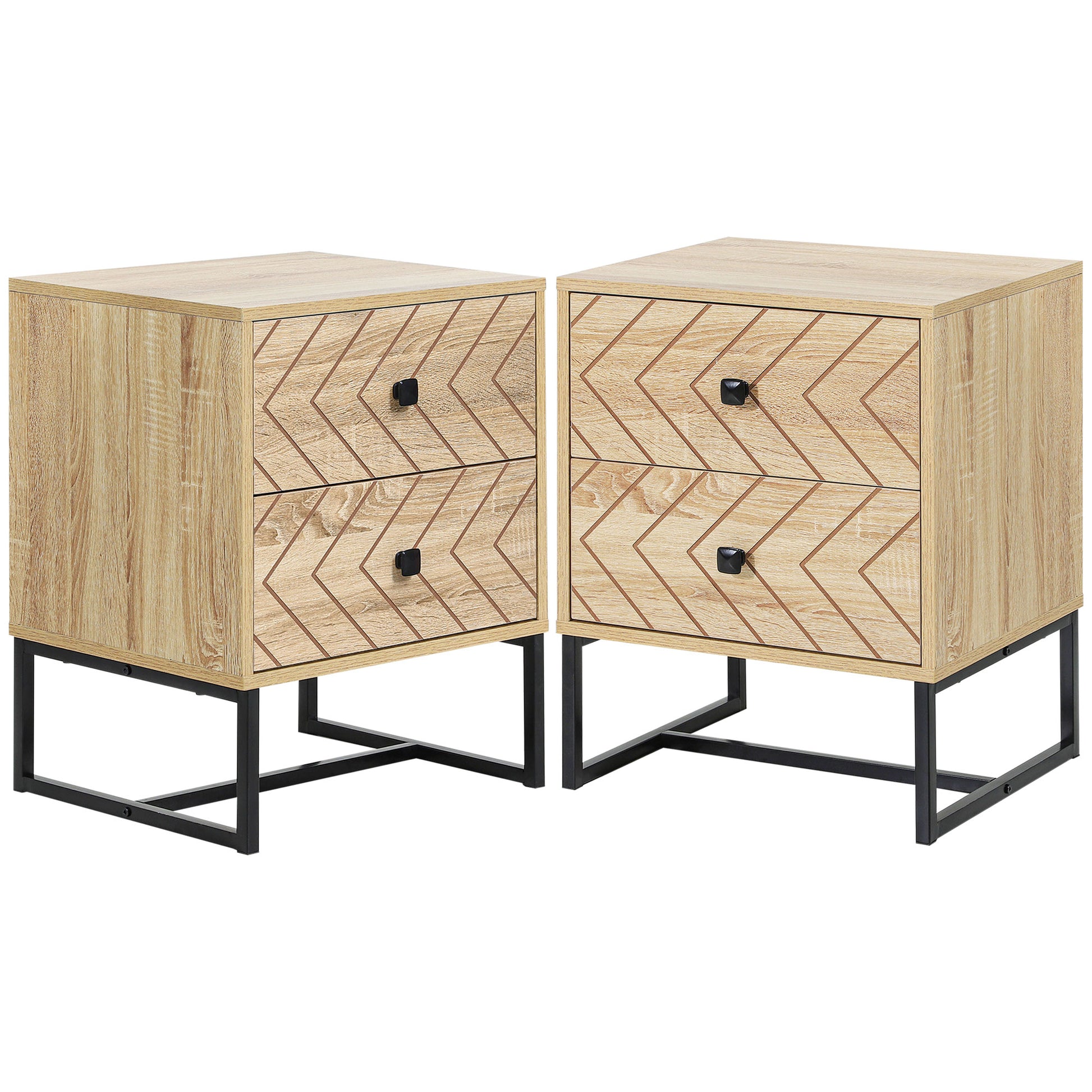 Photo of HOMCOM Bedside Table Nightstand Two-Drawer Bedroom Storage Unit Zig Zag Design with Black Metal Handles, Set of 2, Natural in Natural colour on a white background