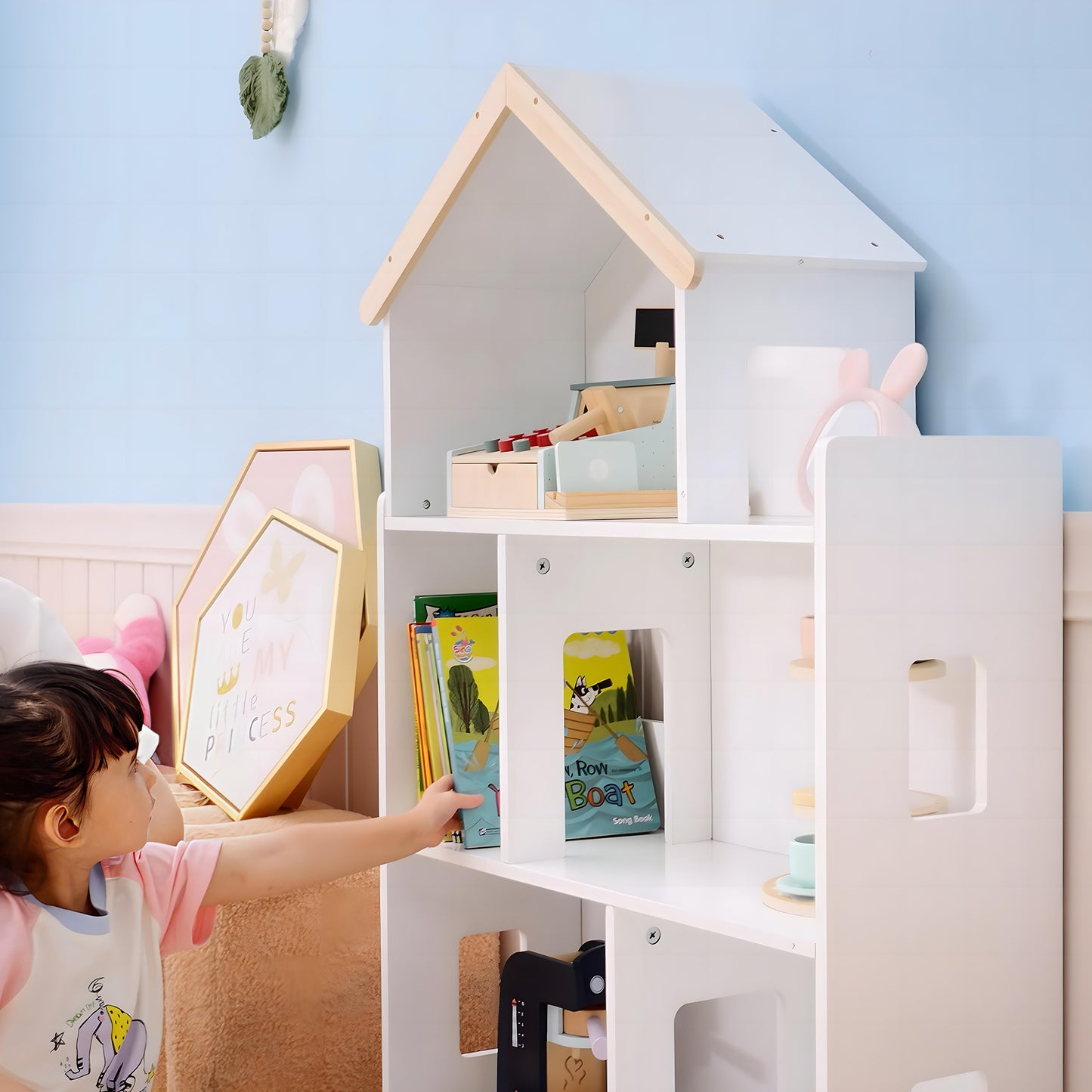 ZONEKIZ Three-Tier Toy Storage Shelf, Kids Bookcase, with Six Cubes, for Playroom, Bedroom - White