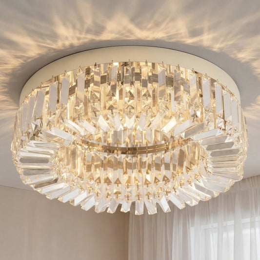 Round crystal flush-mount chandelier with a silver-tone frame and clear pendants