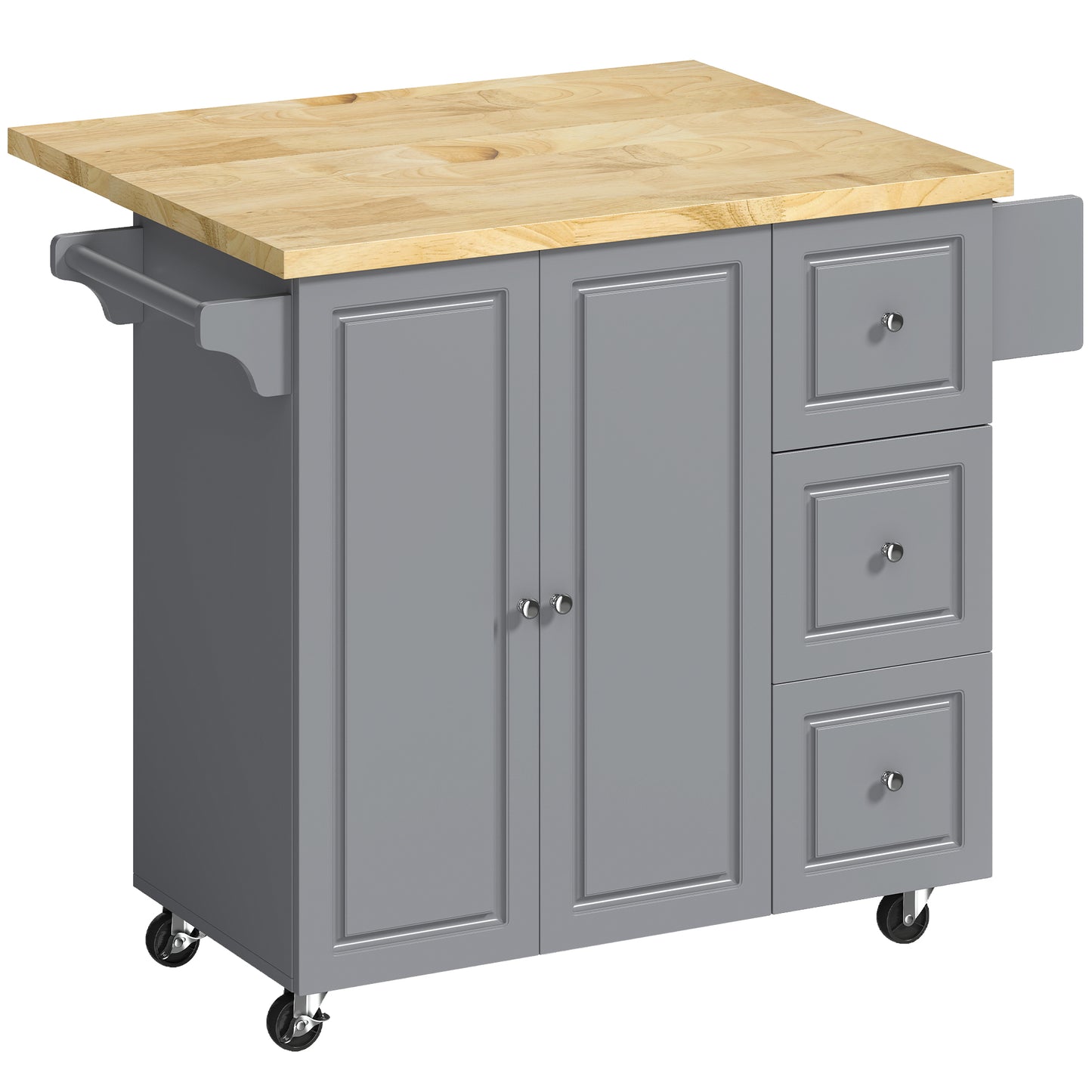 Photo of HOMCOM Kitchen Island on Wheels, Rolling Kitchen Storage Trolley with Drop Leaf, Drawers, Towel and Spice Rack, Grey in Grey colour on a white background
