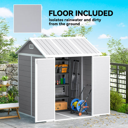 Grey resin garden shed with included floor and open doors, showing shelves and garden tools