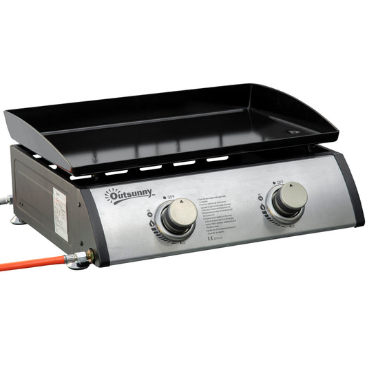 Photo of Outsunny Gas Plancha Barbecue Grill with 2 Stainless Steel Burner, 5kW, Portable Tabletop Gas BBQ with Non-Stick Griddle for Camping Picnic Garden Party Festival in Festival colour on a white background