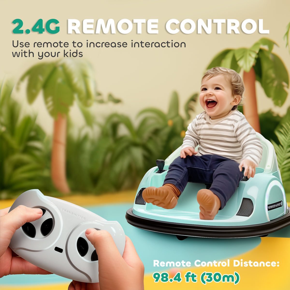 AIYAPLAY 360° Rotation Kids Bumper Car, 12V Waltz Car with Remote Control, Dual Joystick, Music, Lights, Green