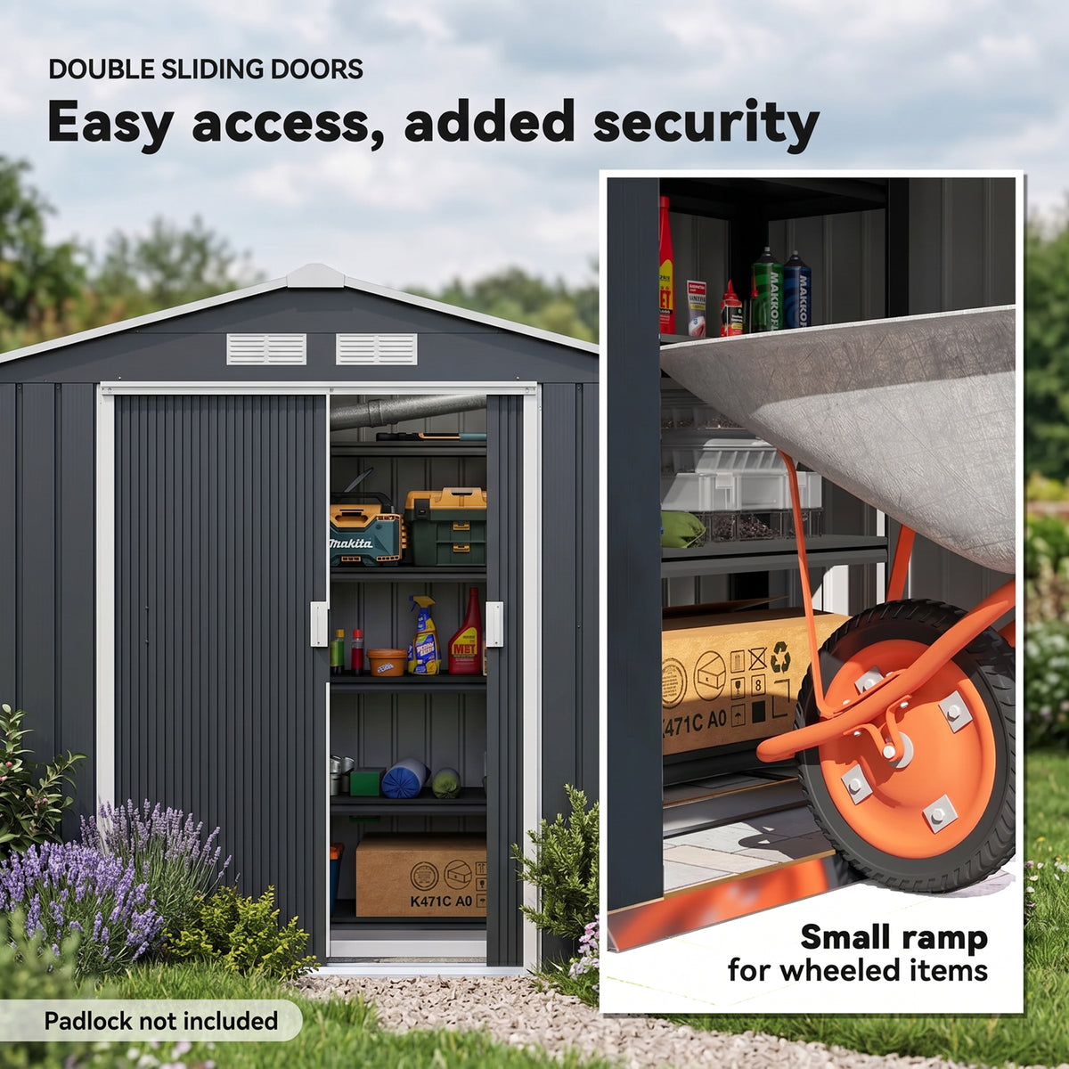 Outsunny shed with double sliding doors, stored tools and a small wheeled-item ramp