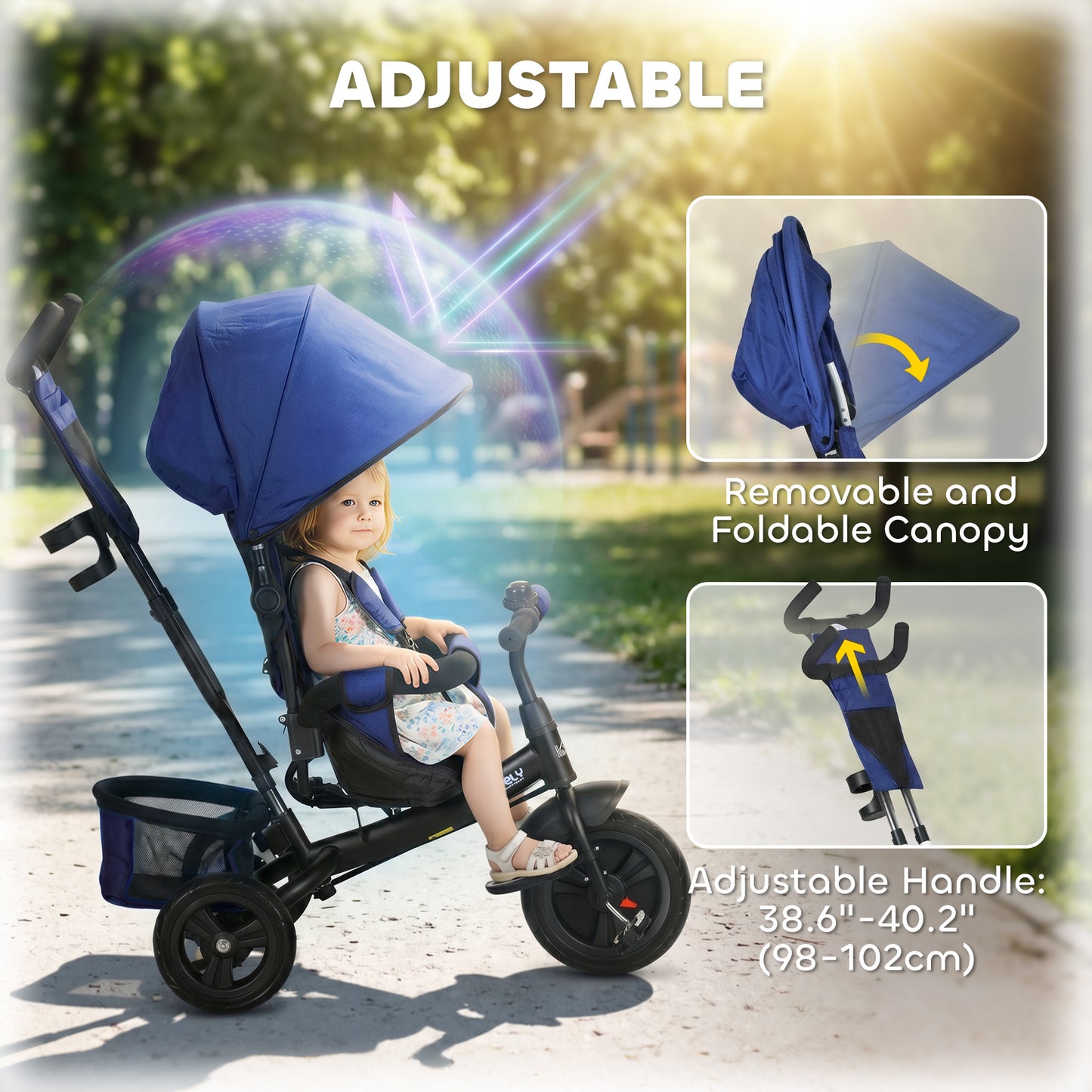 HOMCOM 6 in 1 Kids Trike with Parent Handle, Canopy, 5-point Seat Belt, Storage, Footrest, Brake, for 1-5 Years, Dark Blue