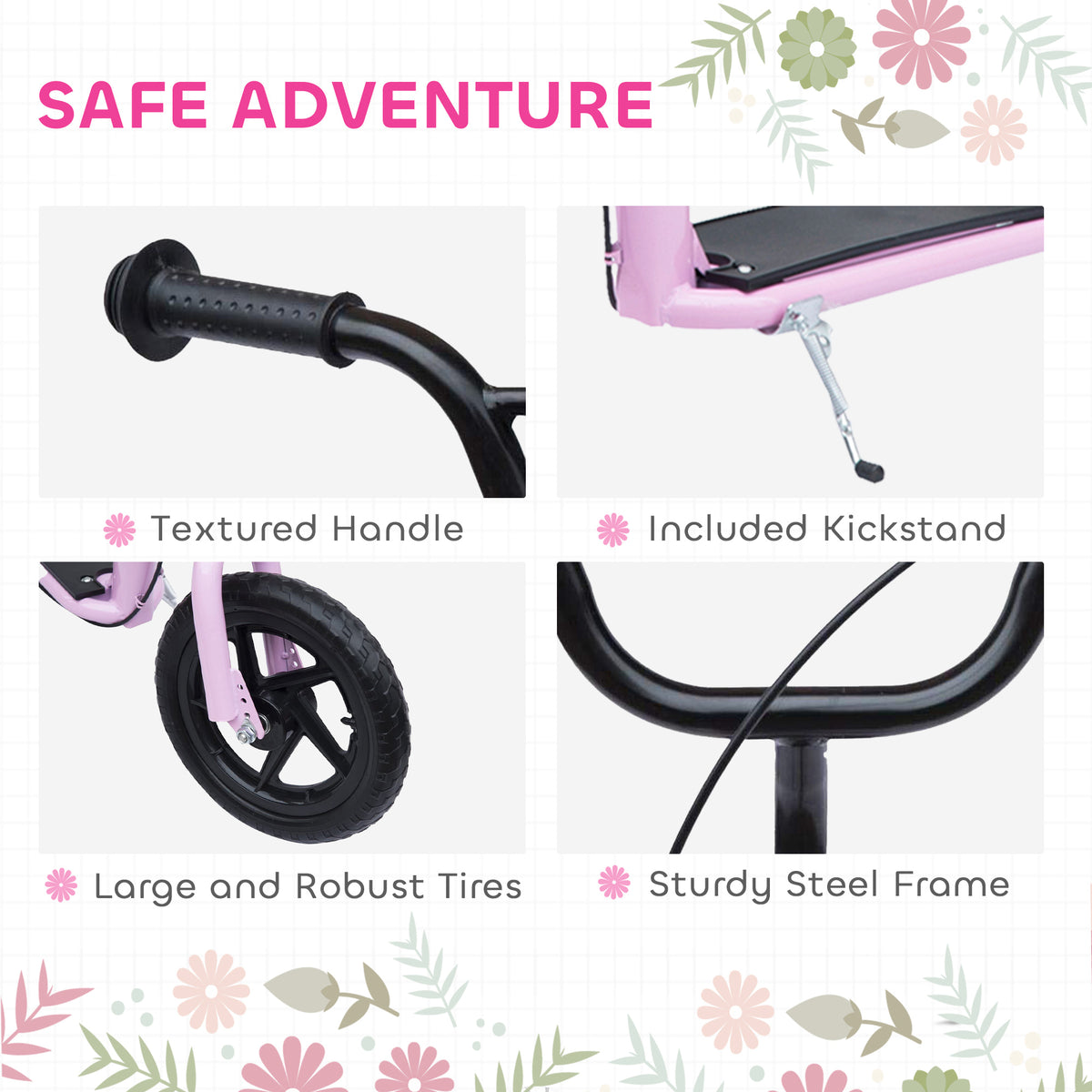 Pink kids scooter details: textured handle, kickstand, large tires, and steel frame.