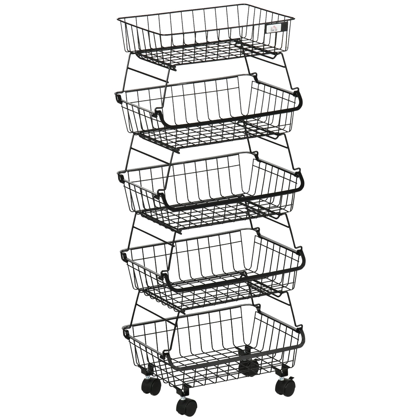 Photo of HOMCOM 5 Tier Storage Trolley, Stackable Fruit Vegetable Cart for Kitchen, Living Room, 40 x 2 x 97 cm, Black in Black colour on a white background