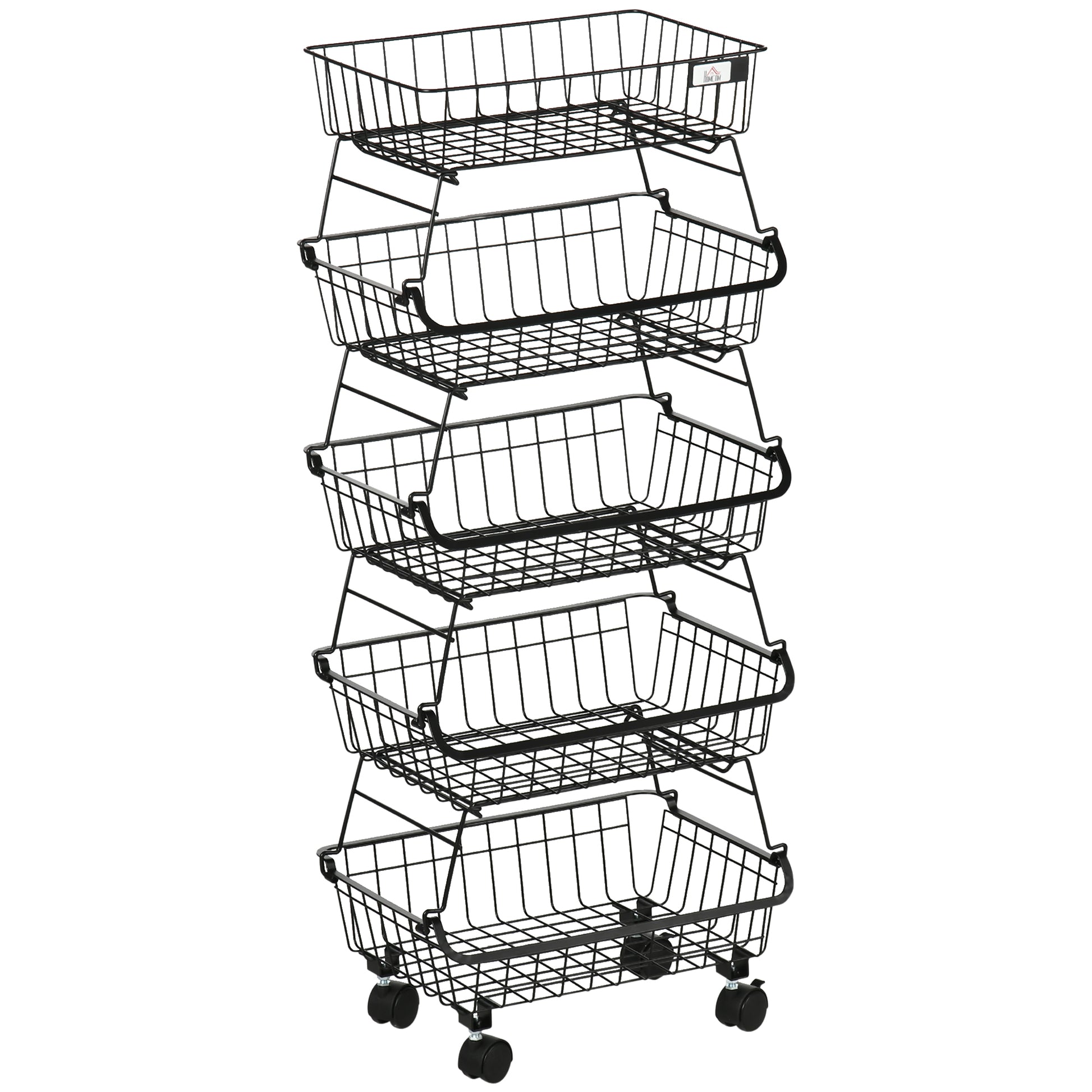 Photo of HOMCOM 5 Tier Storage Trolley, Stackable Fruit Vegetable Cart for Kitchen, Living Room, 40 x 2 x 97 cm, Black in Black colour on a white background